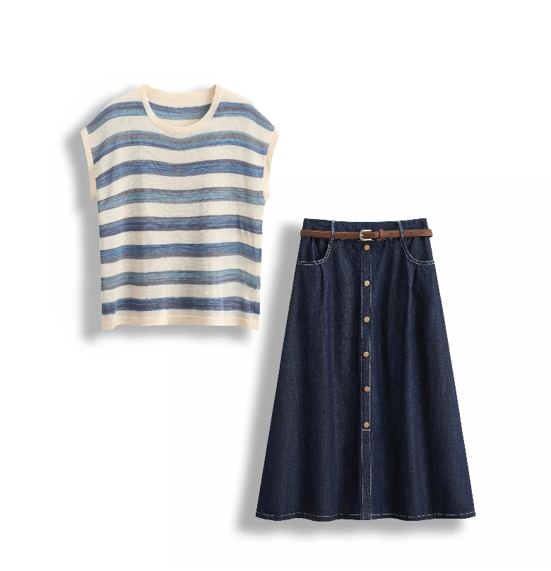 Y002#套装夏撞色条纹t恤高腰牛仔半身裙两件套2025新款（送腰带）