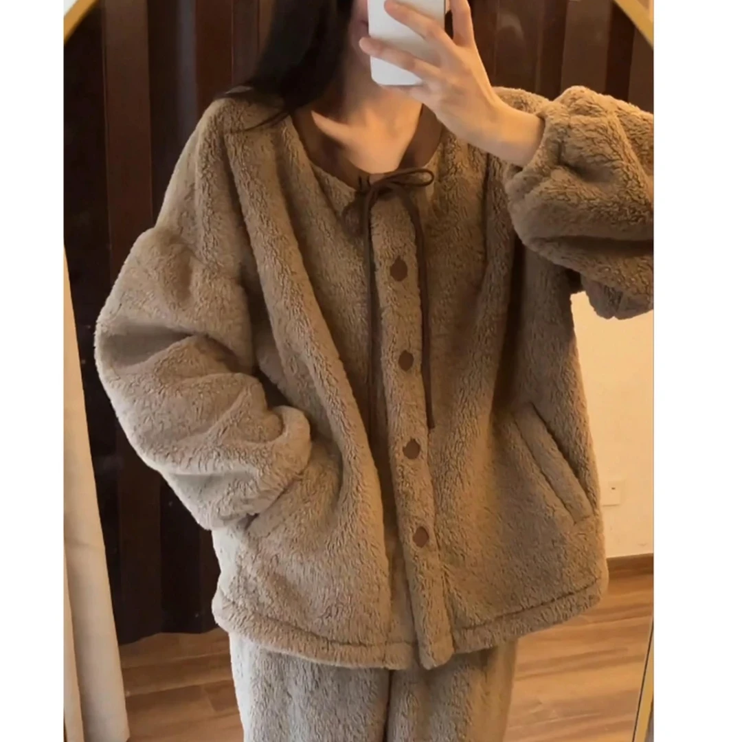 秋冬新款北羔绒加厚睡衣女宽松休闲开衫大码可外穿家居服保暖套装