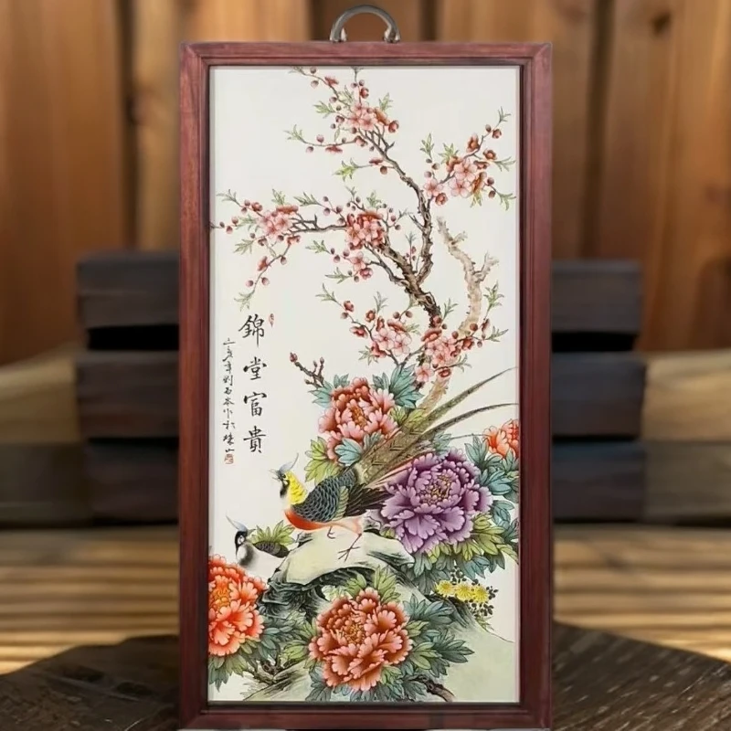 当代景德镇瓷板画柴窑烧制玄关锦堂富贵实木边框86*46cm老子画像