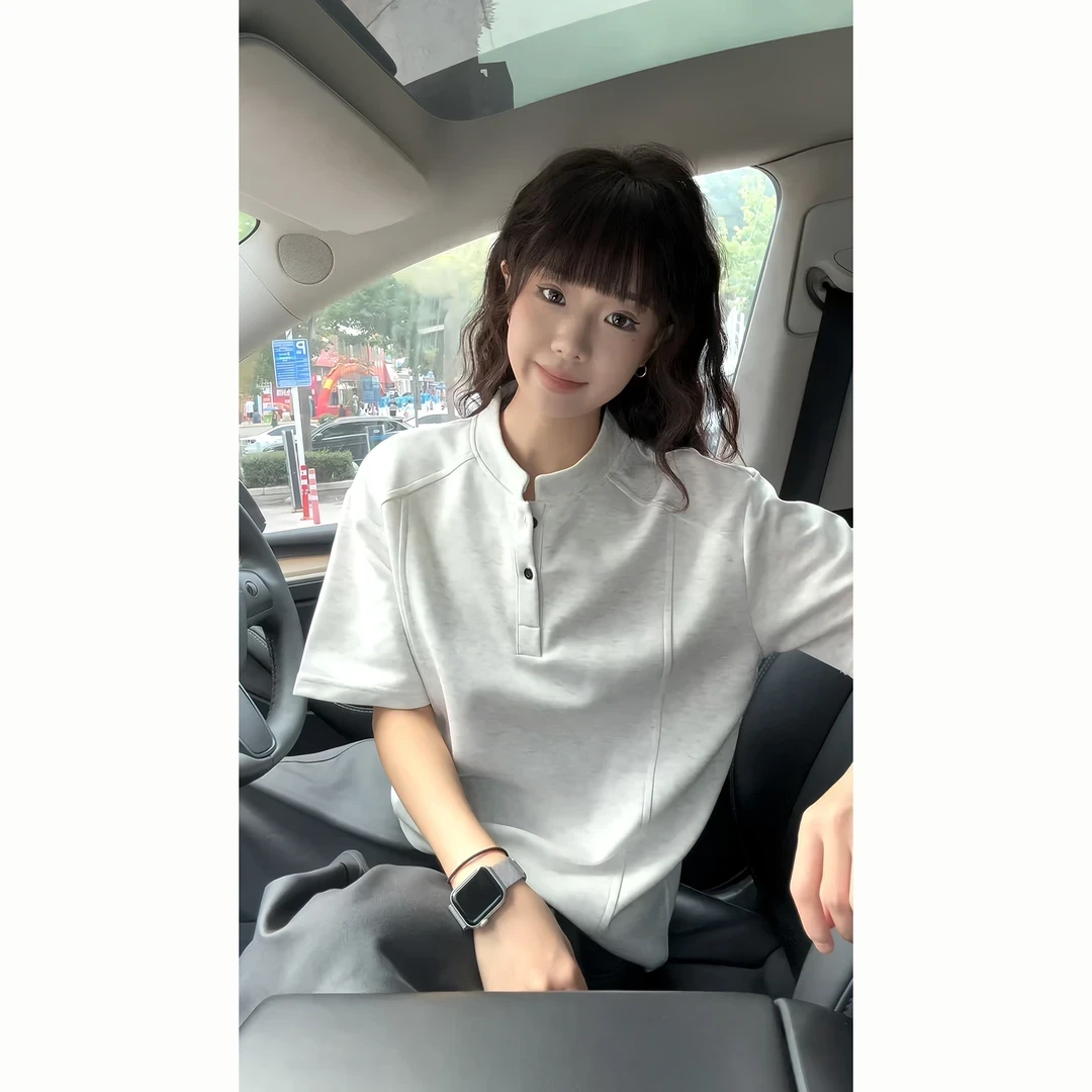 黑色领短袖polo衫男款痞帅高级感美式正肩t恤男士运动时尚休闲