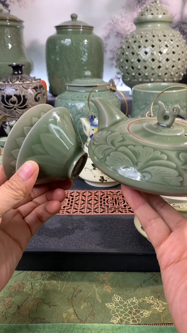 耀州窑微瑕定制底款青瓷刻花初心壶带两杯一组