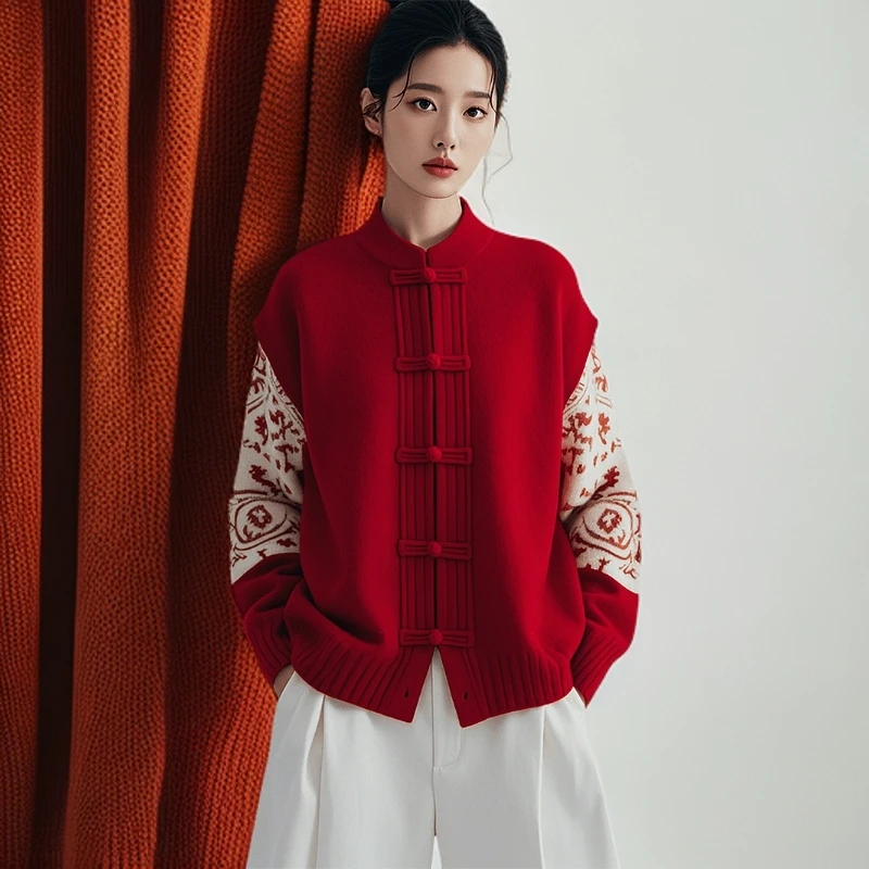 圣诞新年新中式国风复古宽松针织开衫外穿毛衣外套女秋冬2024新款