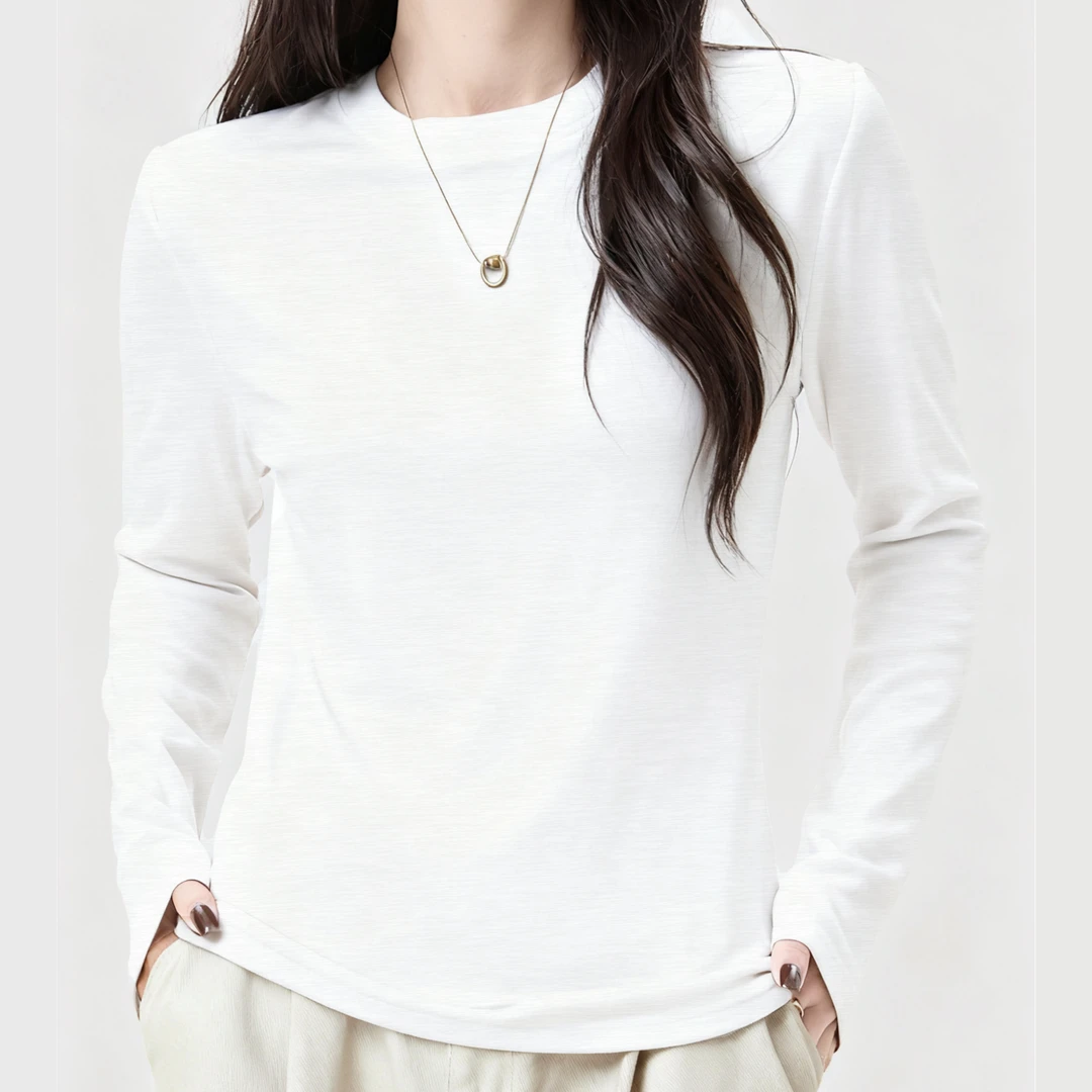 竹节棉春秋薄款宽松圆领长袖简约打底衫--AW8