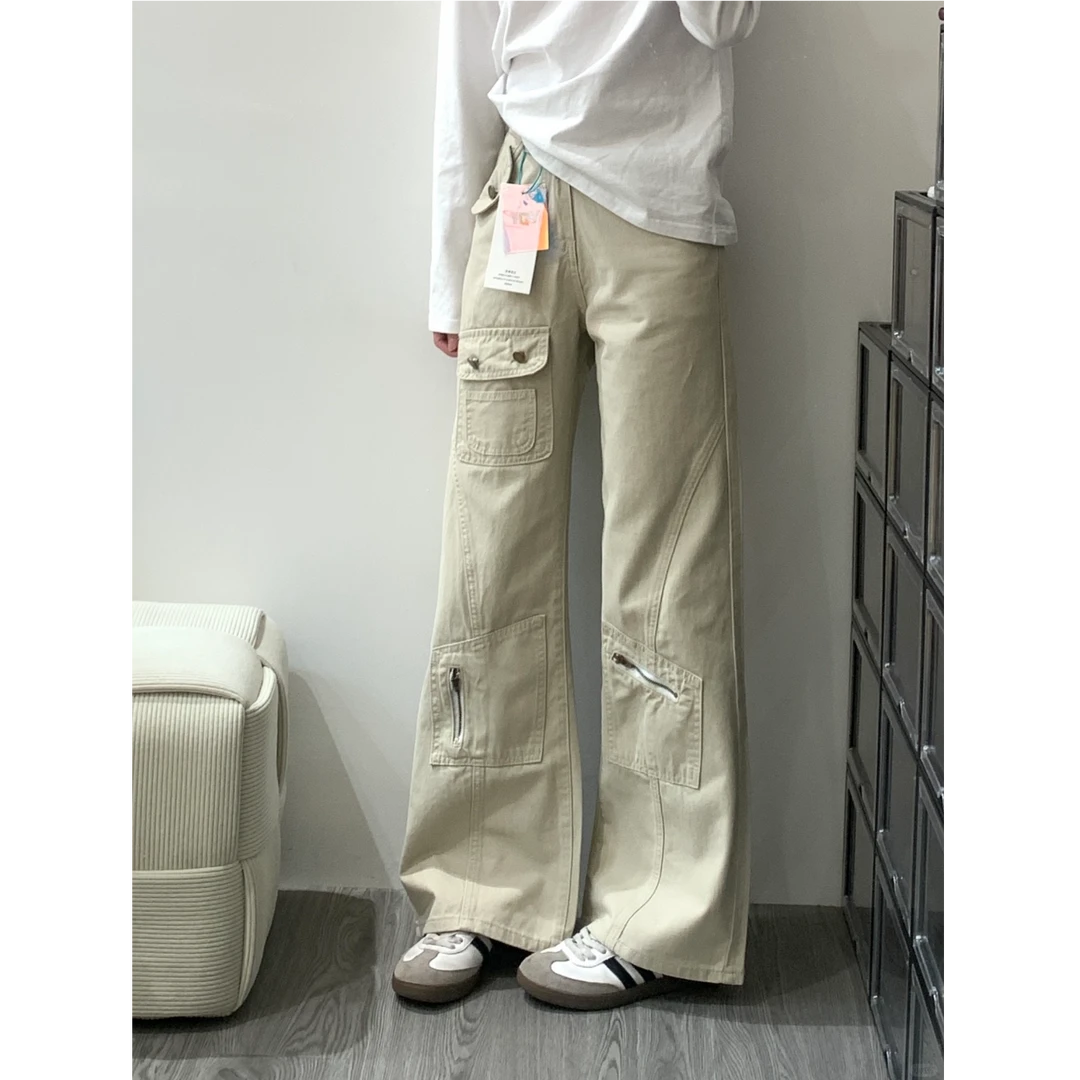 美式杏色阔腿工装裤女春季新款多口袋宽松休闲牛仔裤高个子拖地裤
