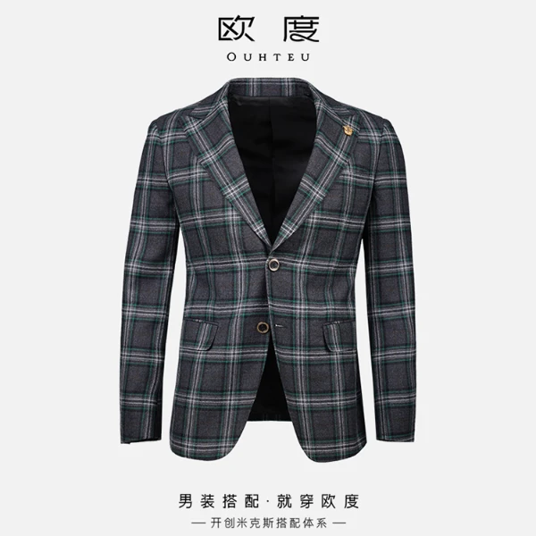 OUHTEU/欧度【100绵羊毛】春季格纹商务单西西服男士修身绿色3602