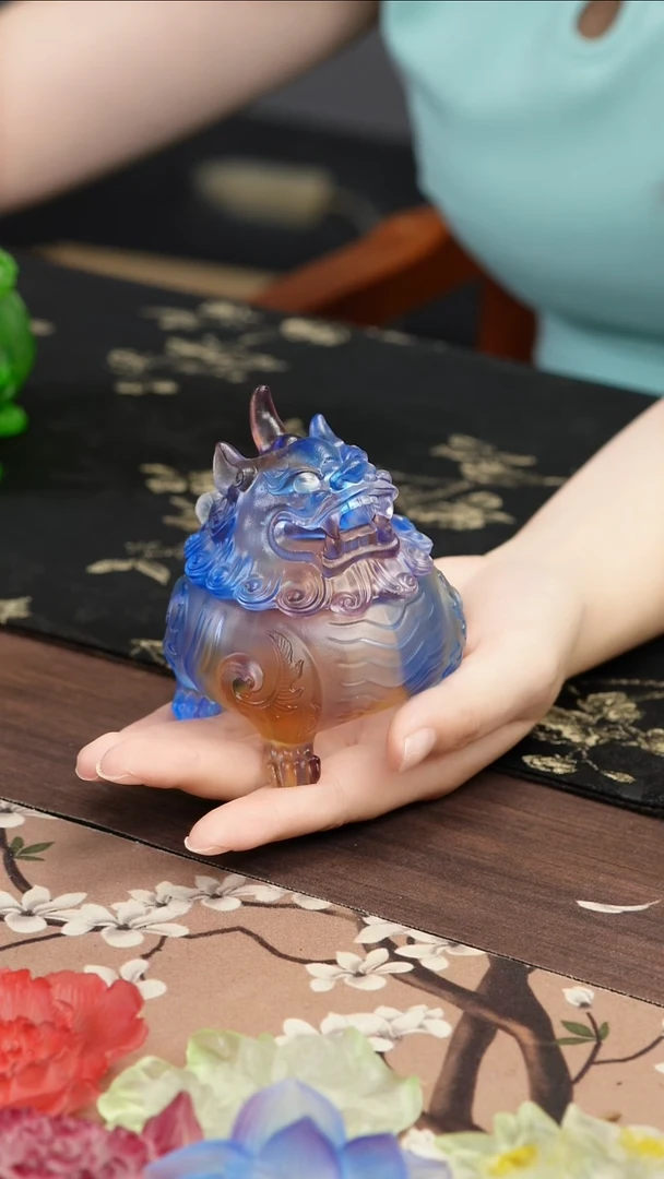 琉璃手工艺品蓝色狻猊香炉小号