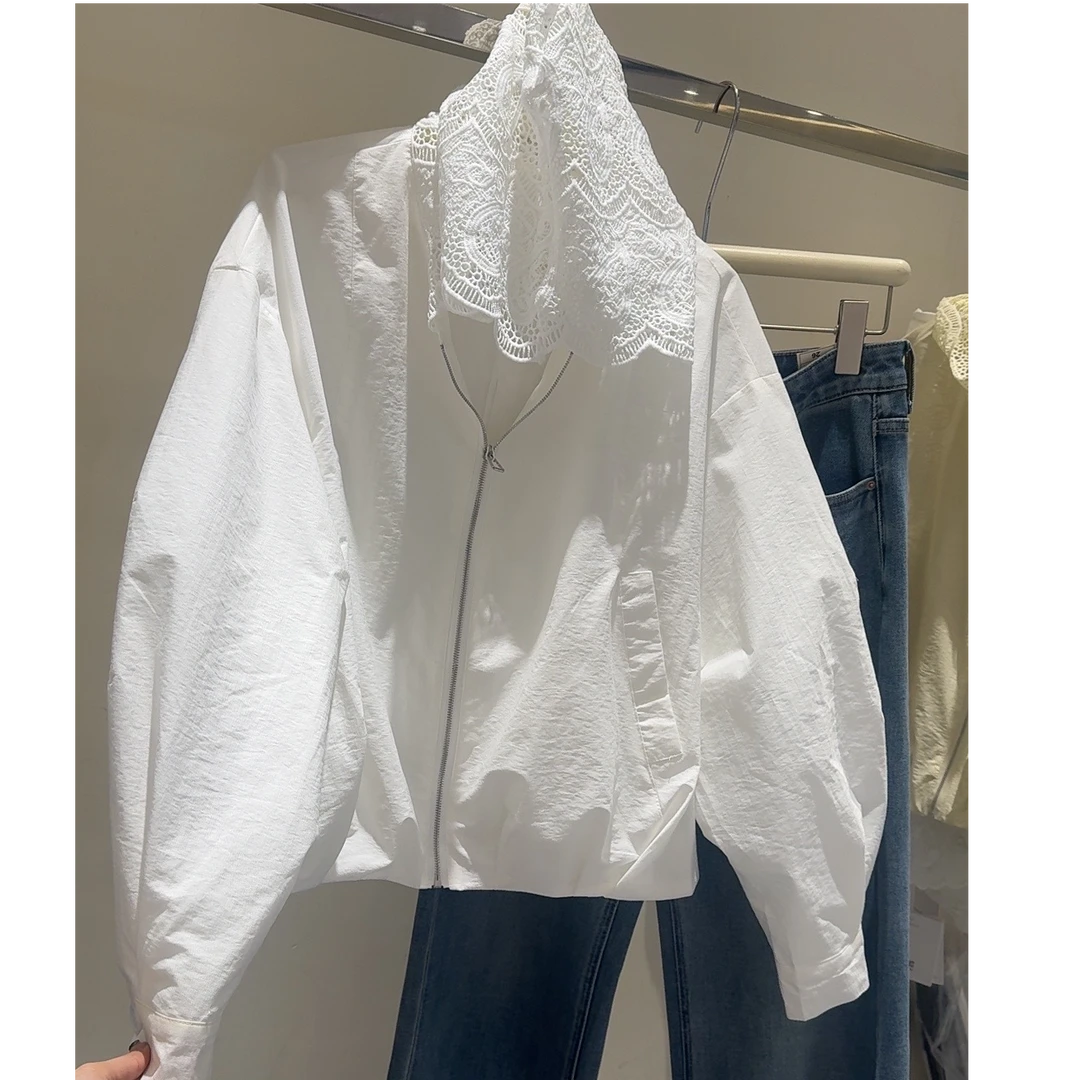 【三懿服饰】精致蕾丝拼接连帽宽松休闲百搭纯色外套-25835