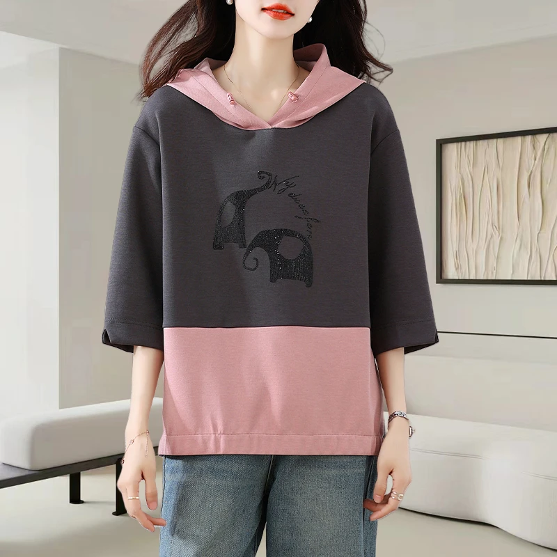 拼色连帽短袖t恤女士2025夏季新款洋气减龄宽松时尚烫钻休闲上衣