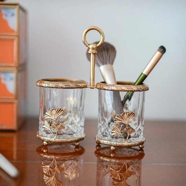 【奇居铜饰】黄铜玻璃银杏叶双桶收纳摆件多功能笔筒筷子桶#GY