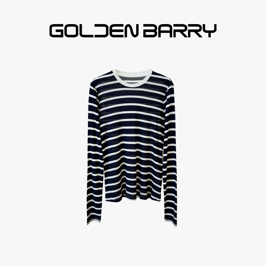 GOLDENBARRY|202405设计师秋冬圆领撞色百搭长袖条纹时尚打底