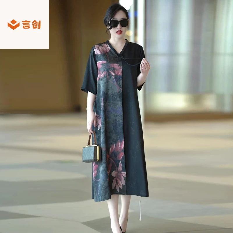 403原创大码复古高级感新中式国风盘扣连衣裙妈妈不规则长裙50105