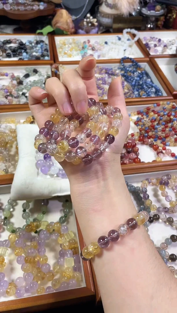 未镶嵌手串水晶大富婆】天然紫水晶黄塔晶黑金超七手串