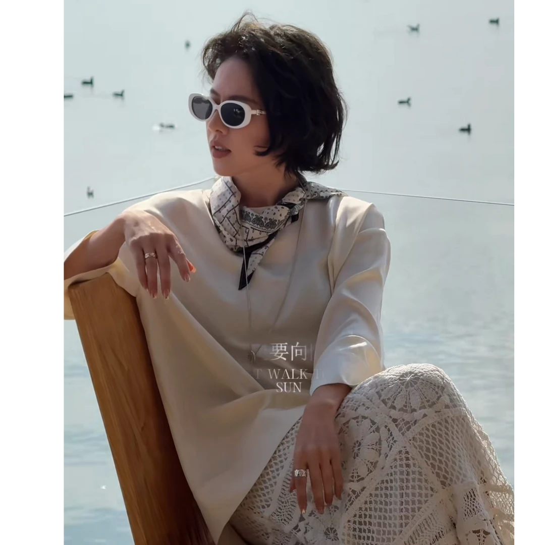 W.Diva【望晴】醋酸圆领长袖衬衫小衫短袖纯欲慵懒风女装51S091414