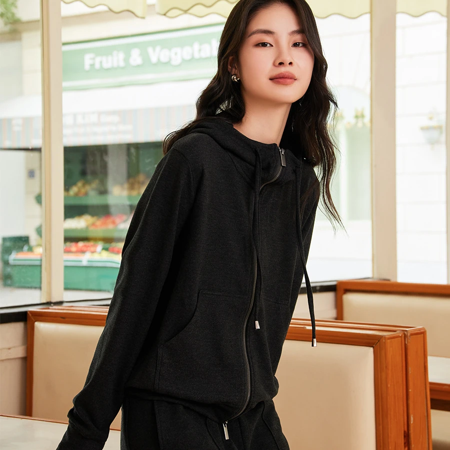 女士德绒连帽开衫外套秋冬新款韩版宽松玻尿酸德绒毛呢休闲绒衫