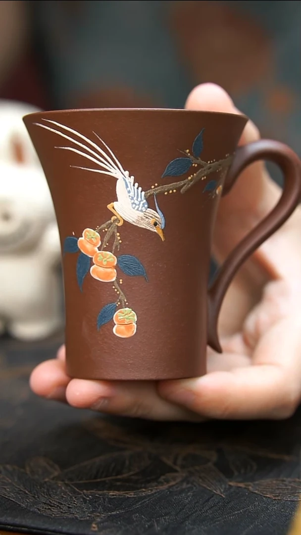 茶壶紫砂紫泥柿子喜鹊手把杯