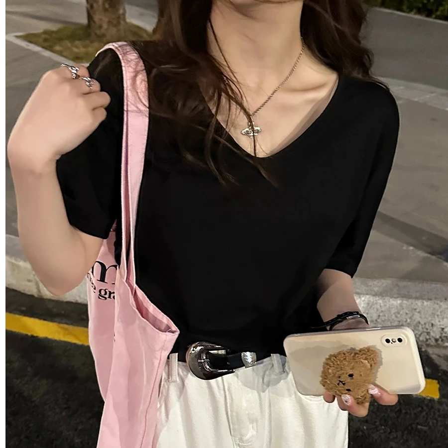 新款时尚夏季百搭显瘦短款V领短袖T恤