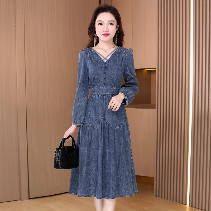 优雅新款气质时尚大气减龄休闲收腰显瘦牛仔连衣裙裙子CX0818