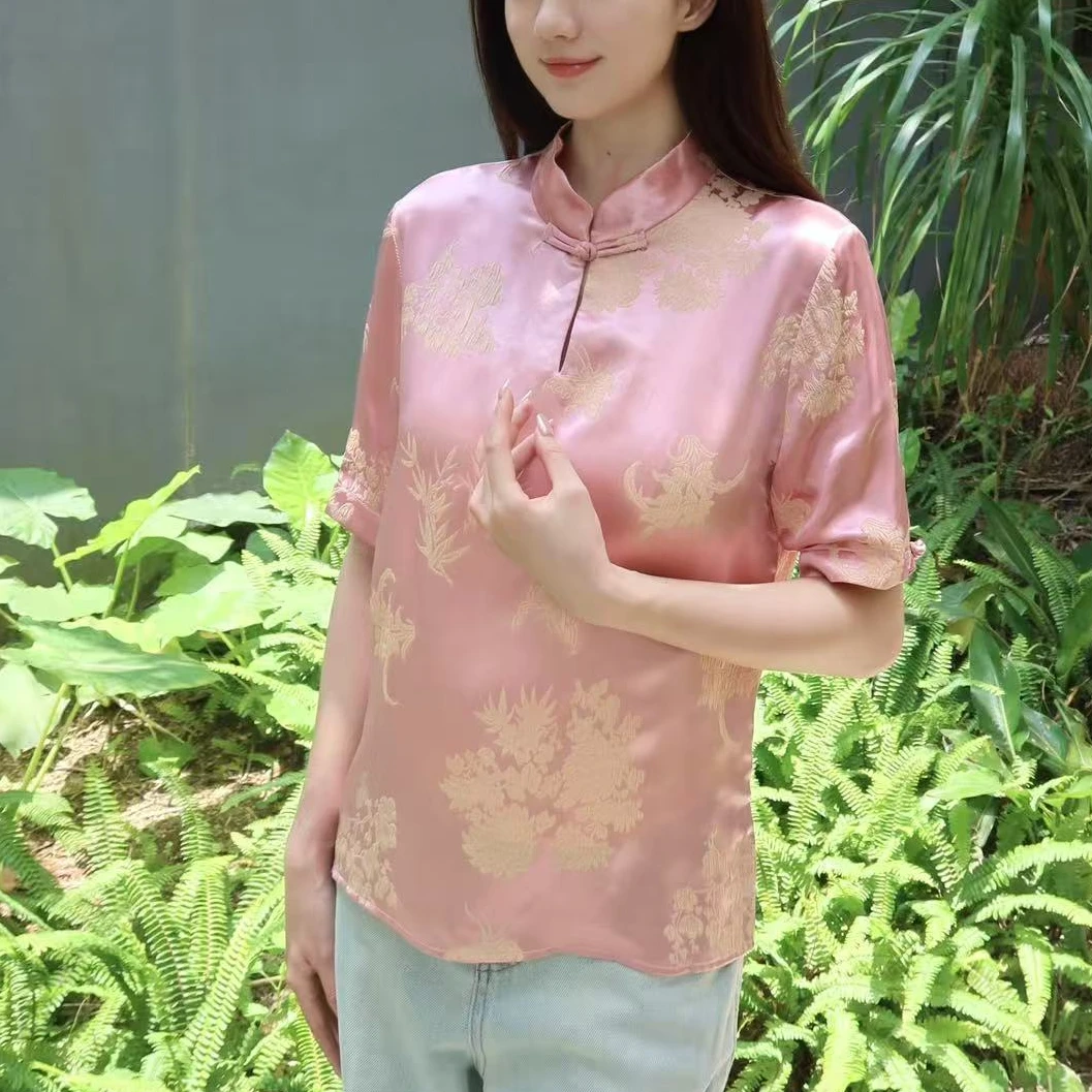 【燕子在南油】衣长60国风气质暗纹提花冠乐绉短袖1709