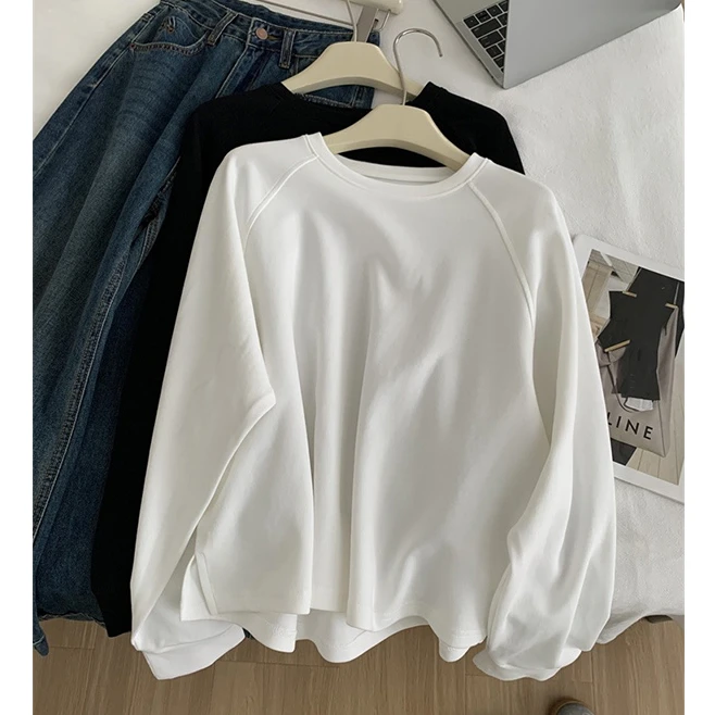 纯色圆领拼接长袖卫衣T恤女2025秋季新款韩版小个子休闲百搭上衣