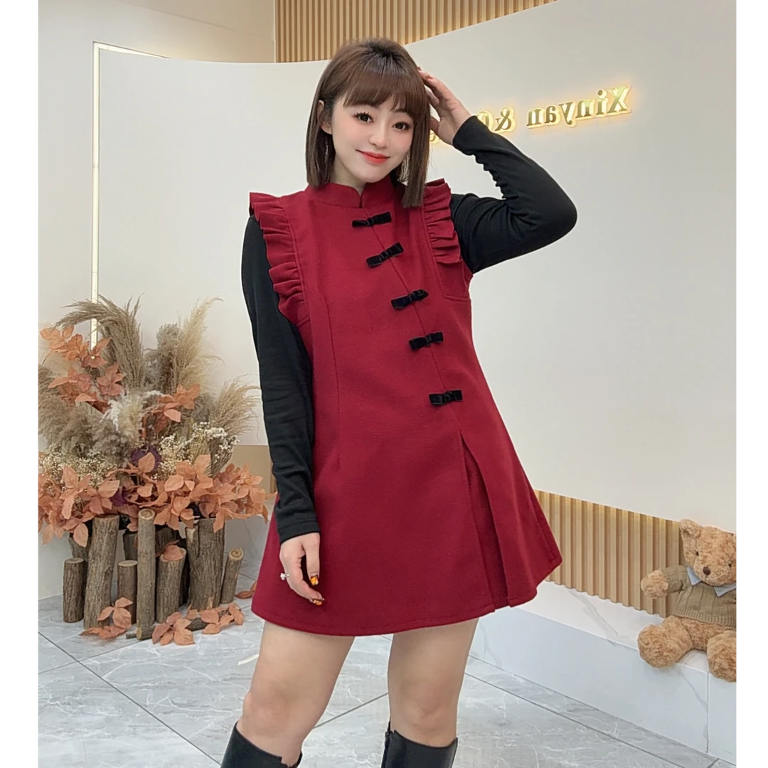 【鑫焱甄选】中国风冬季百搭风中长款红色女装时尚套装新中式