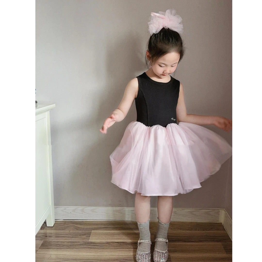 小惜亦夏季韩版童装女童芭蕾风黑粉撞色无袖连衣裙甜美女孩公主裙