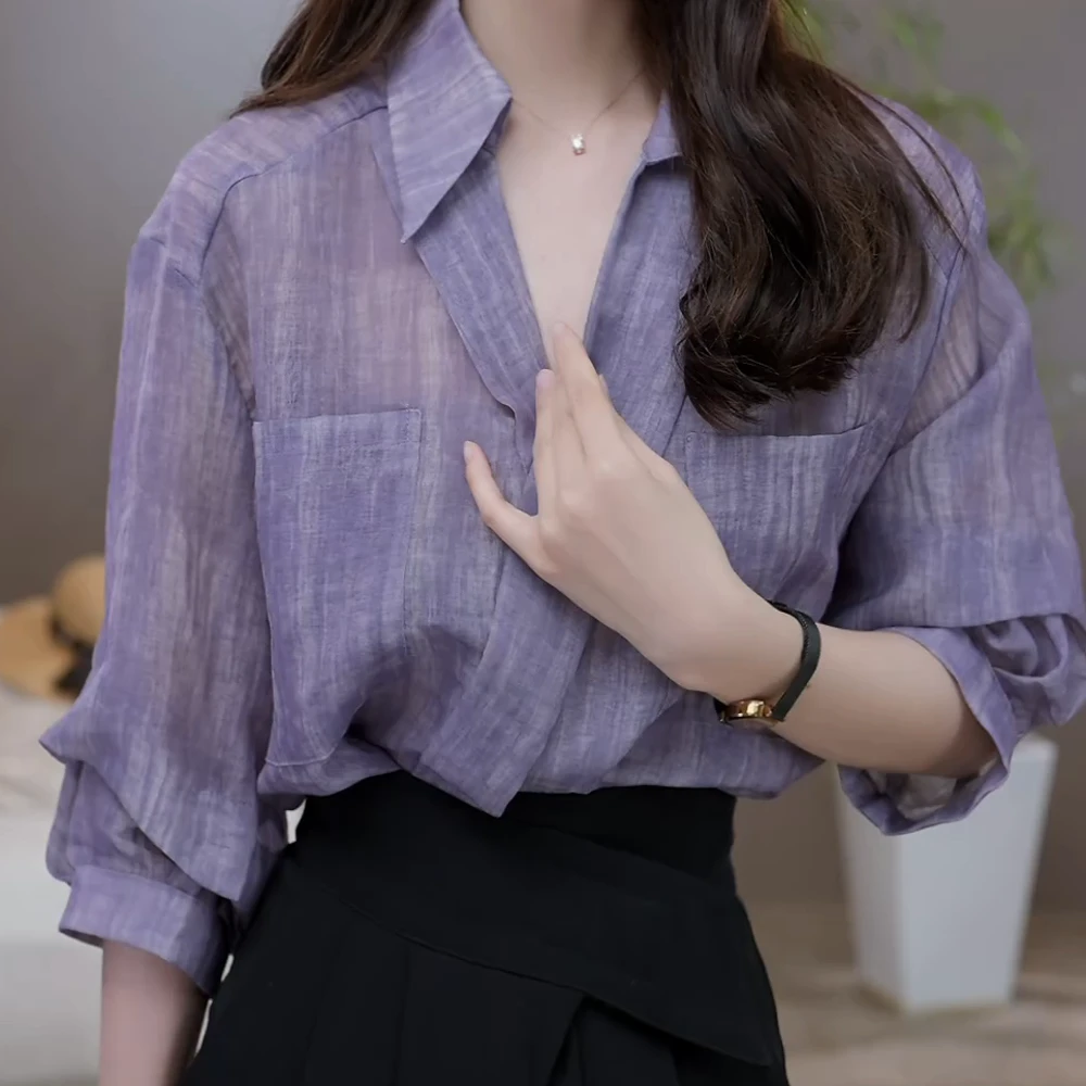 小众Polo领五分袖衬衫女夏2025新款衬衣上衣紫色时尚气质显瘦