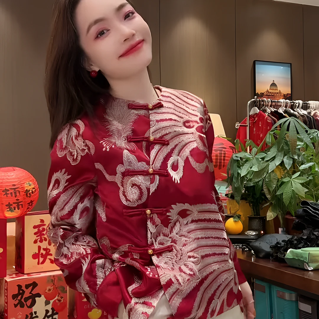 新中式复古国风衬衫上衣女士长袖网红时尚新年红气质百搭打底衫