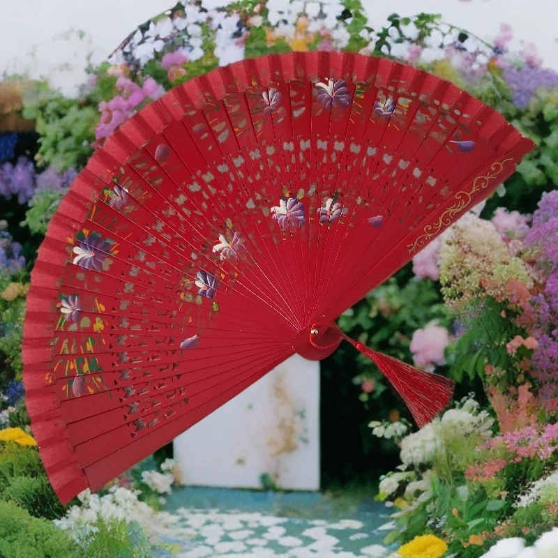 7寸西班牙折扇汉服旗袍走秀舞蹈表演双面红色喜庆木扇爵士舞蹈扇