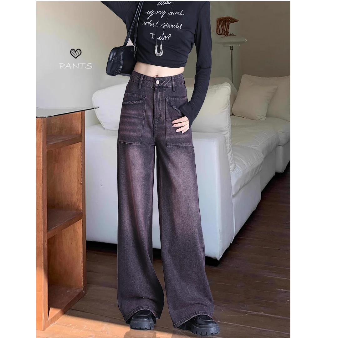 特大码高质感宽松遮胯高腰显瘦直筒裤高街阔腿牛仔裤女秋冬季新款