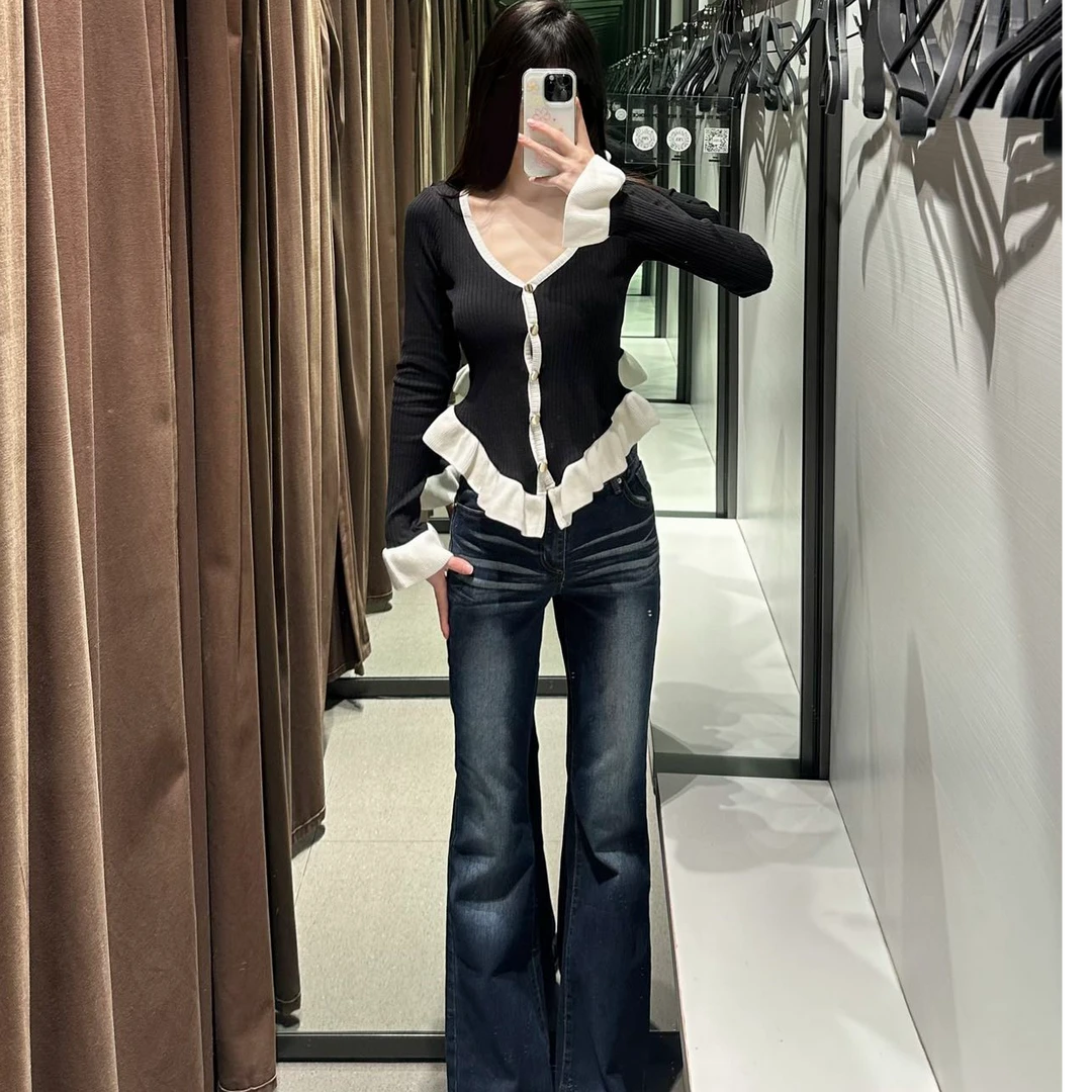 韩系V领设计感木耳边设计针织衫上衣女2025秋季修身气质温柔上衣