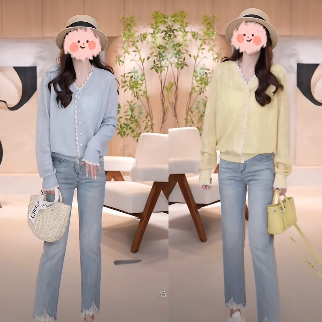 2025春季新款气质V领拼接蕾丝花边针织衫上衣女+百搭显瘦牛仔裤