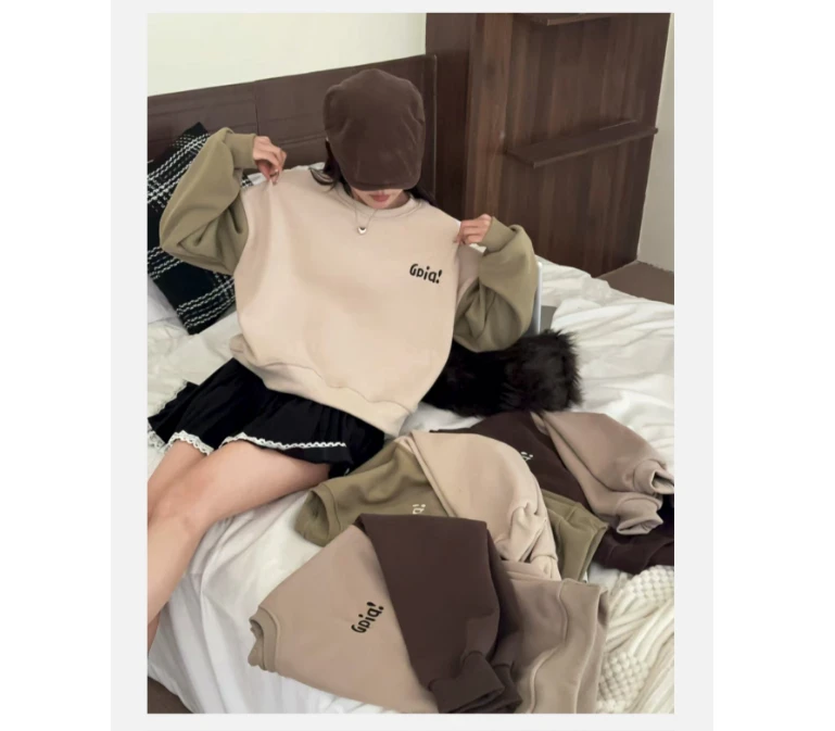 D-286-2#【长52】2024新款时尚加绒刺绣拼接设计圆领卫衣