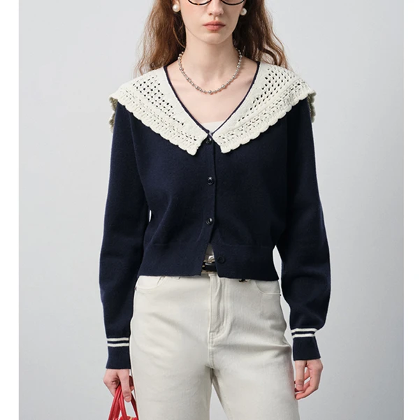 VEGA CHANG针织衫女2025秋季新款小个子白色翻领气质短款开衫外套