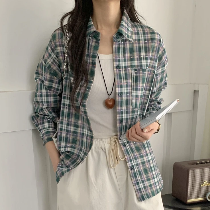 现货~复古格纹时尚翻领防晒衬衫女2025秋季新款休闲显瘦长袖衬衣