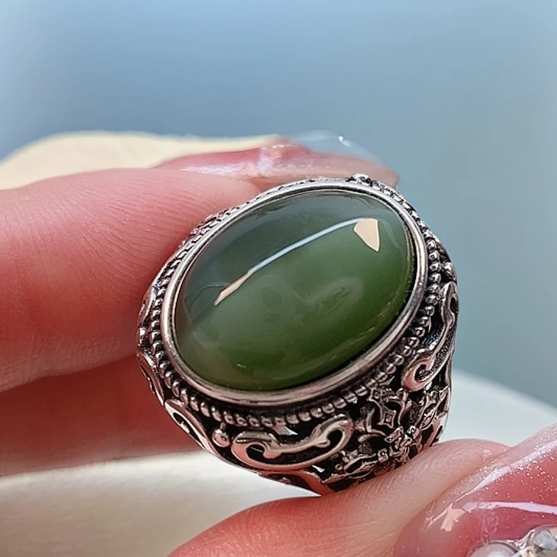 S925银镶嵌天然和田玉碧玉一线猫眼