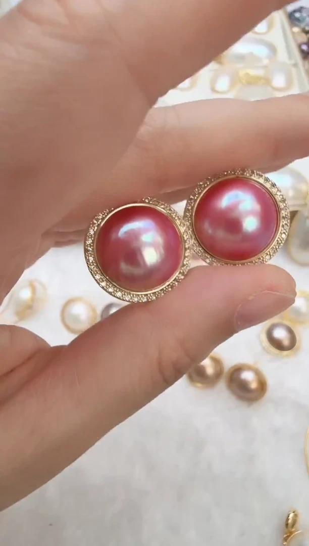 耳饰拼合珍珠（马贝珠）未镶嵌粉色太阳化