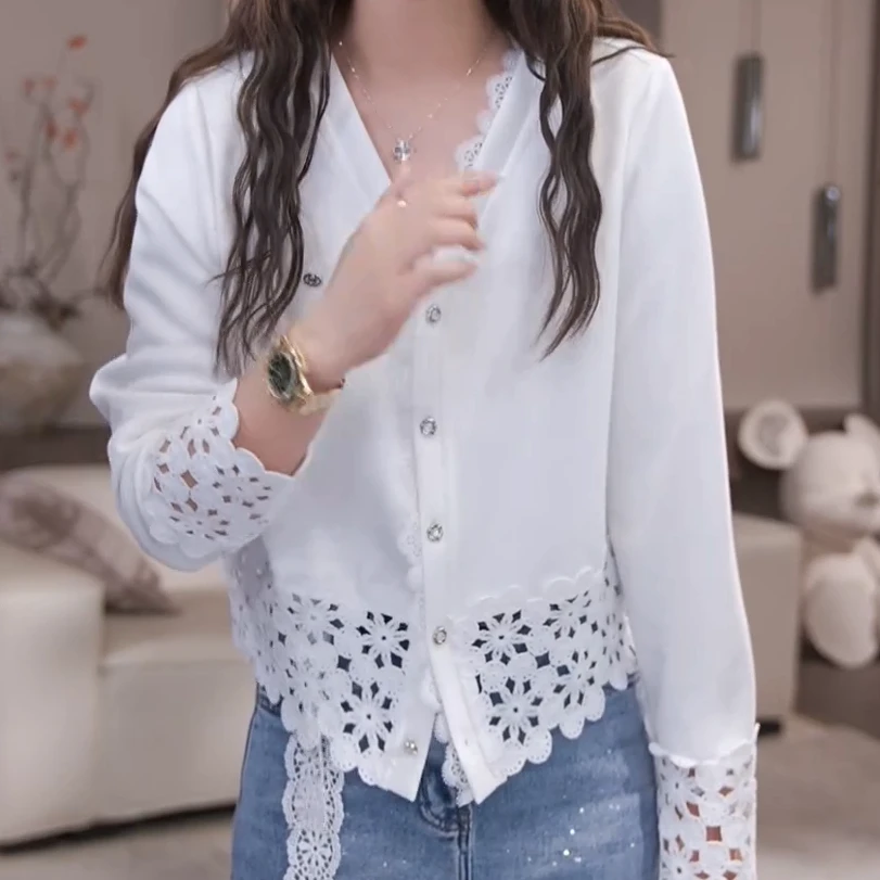春季新款韩版气质时尚休闲百搭白色镂空设计感宽松长袖短外套