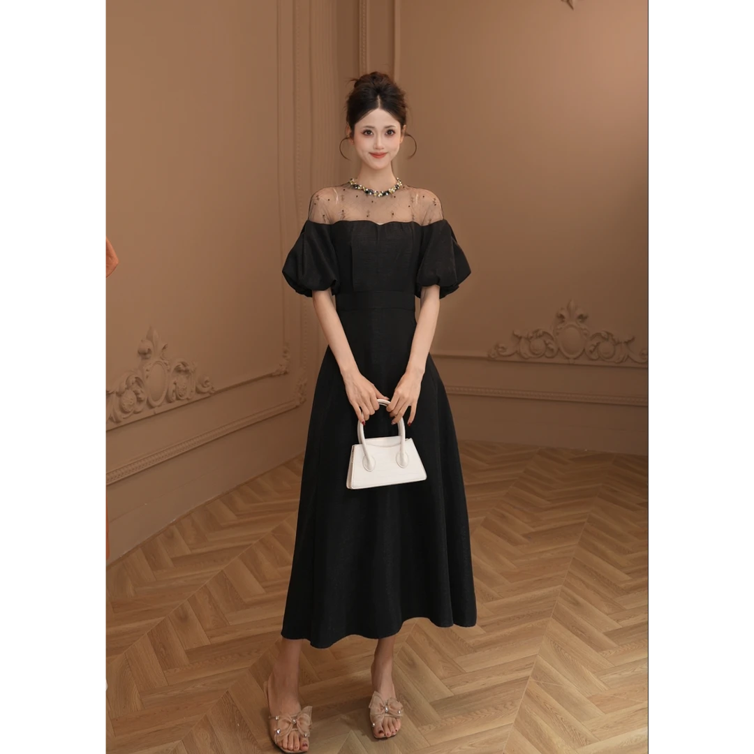 【柒老板定制】法式千金洋气高级感修身显瘦网纱拼接连衣裙21348