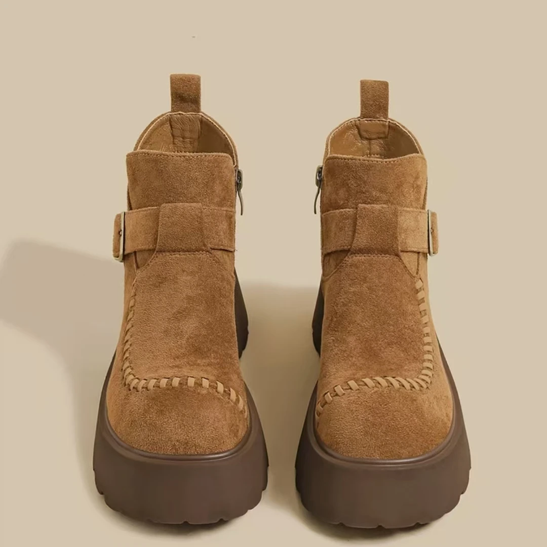 2025秋冬季新款厚底马丁靴女棕色绒面短靴增高轻便显瘦百搭勃肯鞋