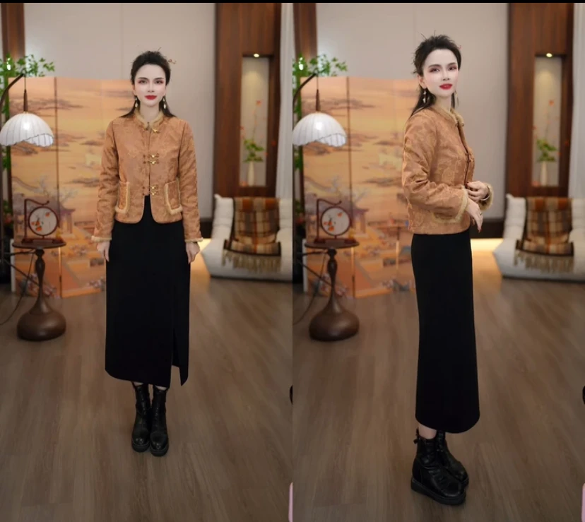新品上新2025冬款中式橘色提花国风加厚保暖外套+黑色半裙两件套