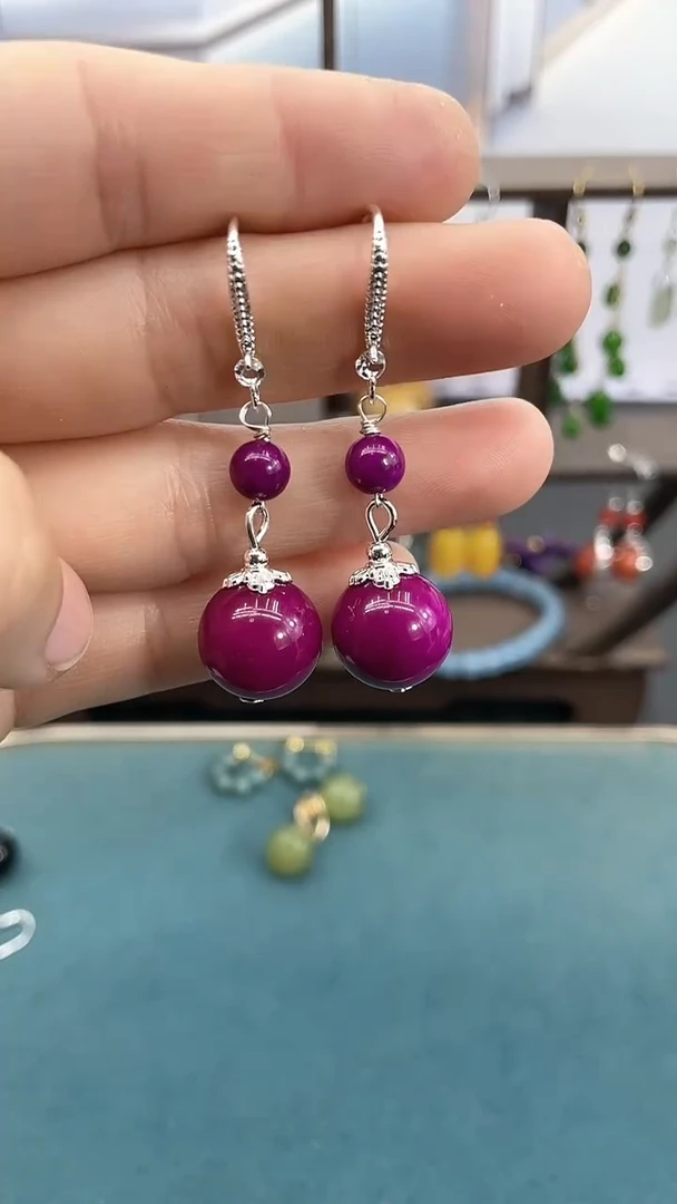 银S925镶嵌苏纪石（舒俱来）耳饰14mm紫色双珠