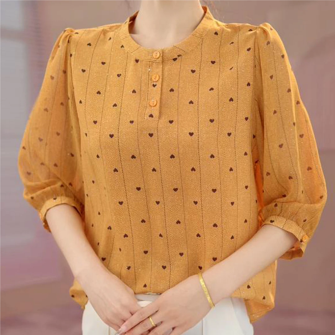 25夏季新款气质优雅时尚圆领T恤小衫女士减龄显瘦7分袖薄款上衣