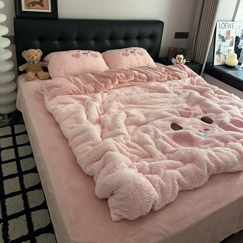 卡通加厚牛奶绒床上四件套可爱少女心羊羔绒被套秋冬床单人三件套