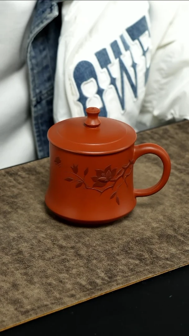 【闪购商品】紫砂茶杯朱泥 本色泥绘 荷花柱础款盖杯