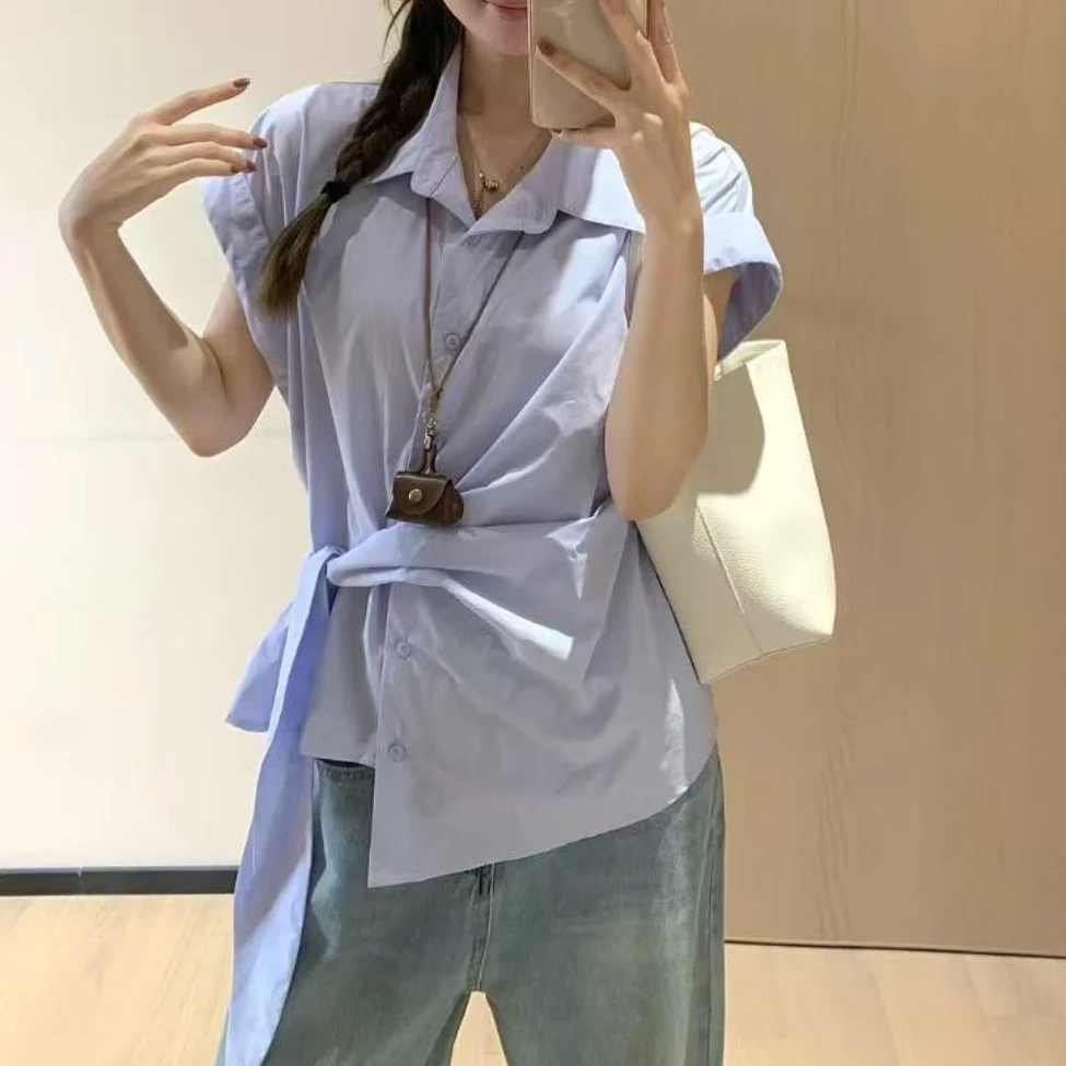 韩搬设计感绑带收腰显瘦女衬衣2025年新款夏日领休闲薄款减龄衬衫