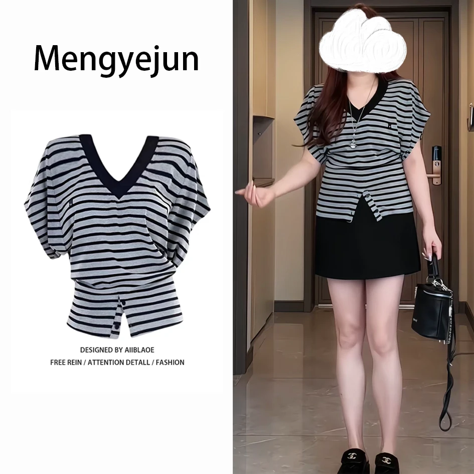 韩系条纹V领正短袖T恤女夏季蝙蝠袖小众设计感斜肩微胖女生穿搭