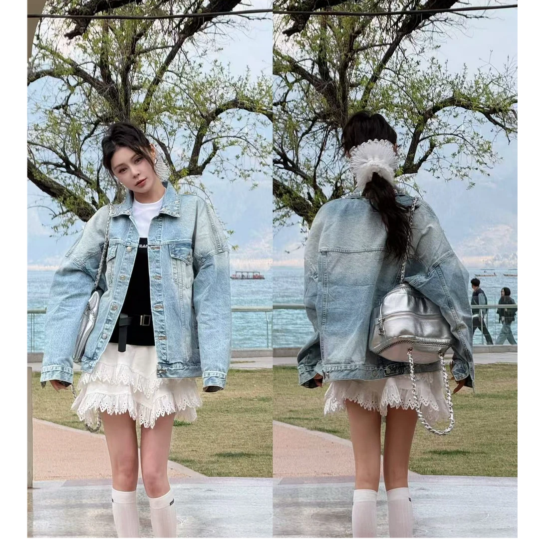 1WT03依美丁时尚潮流扣子领设计宽松牛仔外套