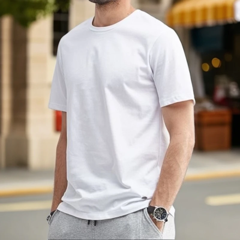 重磅纯白色短袖t恤男高端新款纯棉T恤男士痞帅夏季短袖宽松圆领