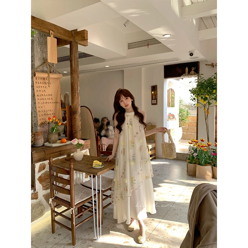 李李【春和景明】度假风浪漫立体花清新气质绣花连衣裙DRC067