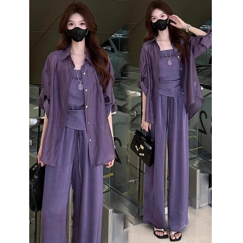 时尚冰丝套装女2025夏季新款时髦洋气防晒衬衫吊带阔腿裤三件套潮